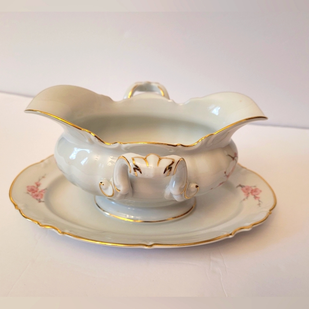 Vintage Hutschenreuther Gravy Boat with Attached Under Plate Pink Blossoms